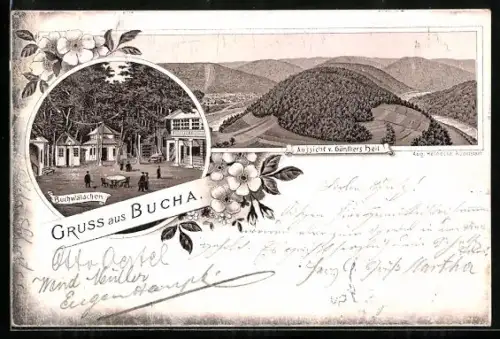 Lithographie Bucha, Gasthaus Buchwäldchen, Aussicht v. Günthers Heil