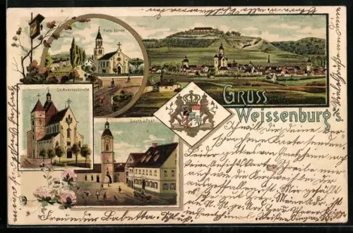Lithographie Weissenburg / S., Gasthof zur Post, Kath. Kirche, St. Andreaskirche