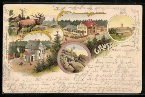 Lithographie Drei-Annen-Hohne, Hotel Hohne-Signalfichte, Brockengipfel, Bahnhof, Hohne-Klippen