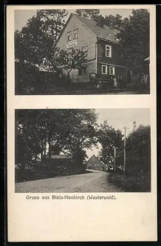 AK Stein-Neukirch /Westerwald, Gasthaus von Otto Herbig, Ortspartie mit Zufahrtsstrasse