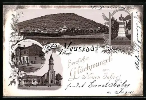 Lithographie Neustadt / Coburg, Bahnhof, Kaiser Friedrich Denkmal, Kirche