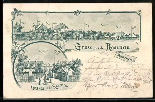 AK München-Schwabing, Gaststätte Rosenau, Panorama und Eingang