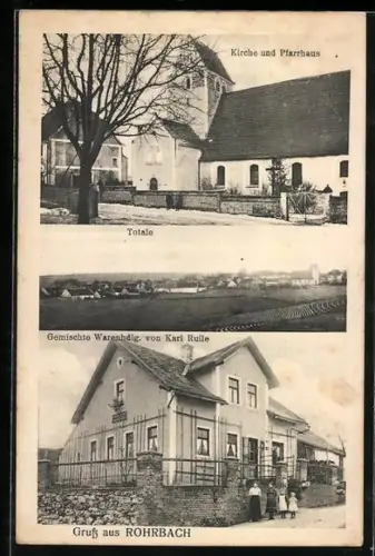 AK Rohrbach / Rennertshofen, Warenhandlung Karl Ruile, Kirche u. Pfarrhaus, Totalansicht