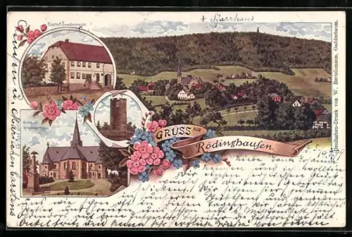 Lithographie Rödinghausen / Westf., Gasthof Sundermeier, Kirche & Kriegerdenkmal, Aussichtsturm