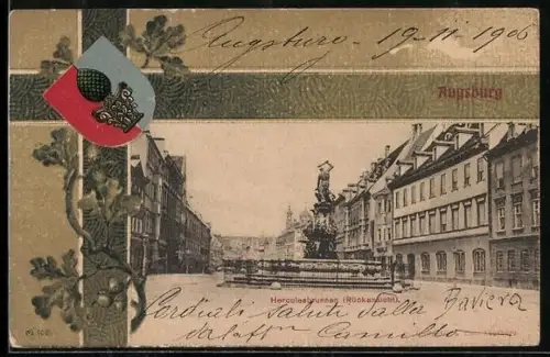 Lithographie Augsburg, Herculesbrunnen Rückansicht, Wappen und Eichenzweig