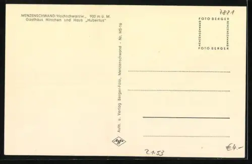AK Menzenschwand, Gasthaus Hirschen und Haus Hubertus