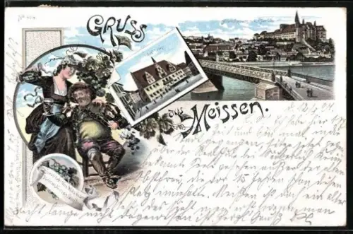 Lithographie Meissen, Albrechtsburg m. d. Elbbrücke, Elbe, Rathaus, Weintrinker