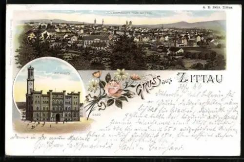 Lithographie Zittau, Totalansicht, Rathaus