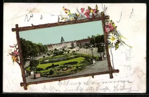 Lithographie Karlsruhe /Baden, Schloss, Alpenblumen, Passepartout
