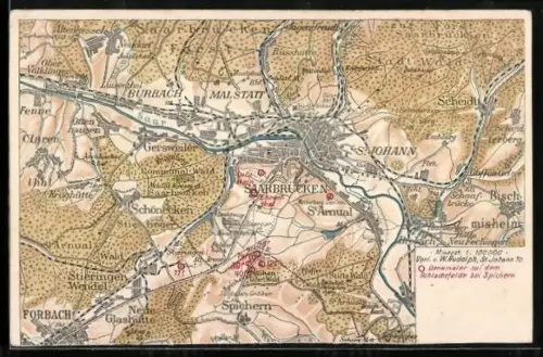 Lithographie Saarbrücken, Landkarte mit Malstatt, Scheidt und Spichern
