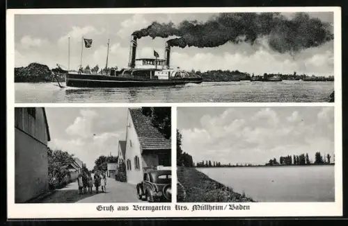AK Bremgarten /Krs. Müllheim, Dampfer in Fahrt, Strassenpartie, Uferpartie