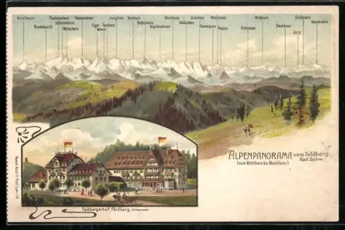 Lithographie Feldberg / Schwarzwald, Hotel Feldberger Hof & Alpenpanorama mit Jungfrau, Niesen & Jura