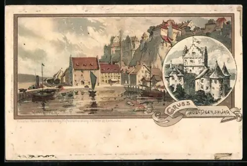 Künstler-AK Karl Mutter: Meersburg, Gesamtansicht, Schloss