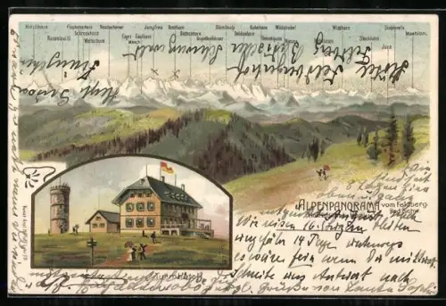 Lithographie Feldberg / Schwarzwald, Alpenpanorama und Turmhotel