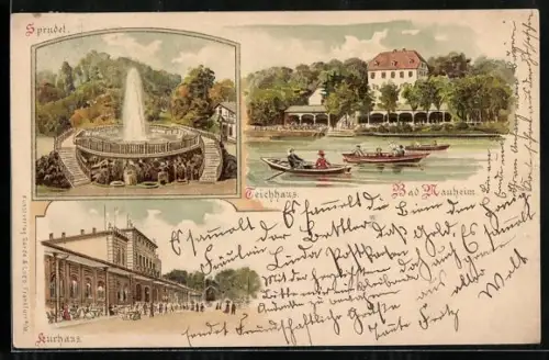 Lithographie Bad Nauheim, Gasthaus Teichhaus, Sprudel und Kurhaus