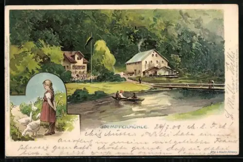 Lithographie Stempfermühle, Teilansicht mit Fluss und Häusern, Gänsemagd