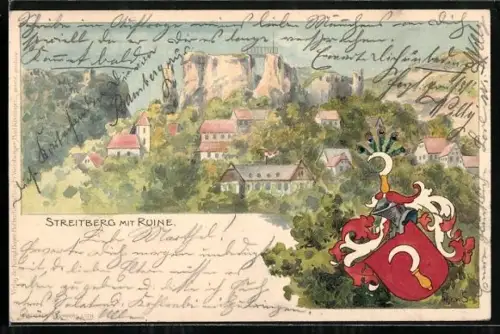 Lithographie Streitberg / Ebermannstadt, Ruine und das Wappen