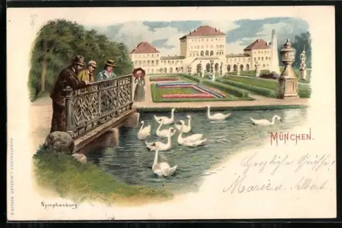 Lithographie München-Nymphenburg, Blick zur Burg