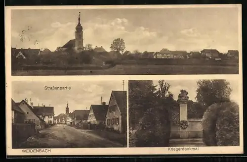 AK Weidenbach / Triesdorf, Kriegerdenkmal, Strassenansicht und Ortspanorama
