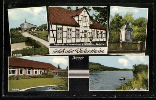 AK Wietersheim, Bäckerei u. Lebensmittelgeschäft Karl-Heinz Stahlke, Kapelle, Ehrenmal