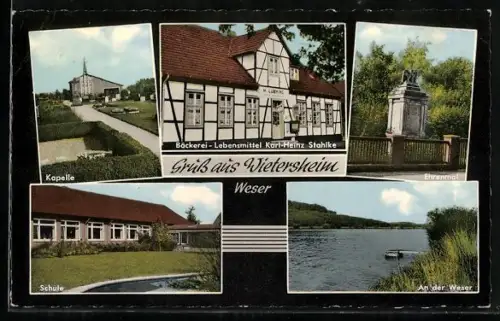 AK Wietersheim, Bäckerei u. Lebensmittelgeschäft Karl-Heinz Stahlke, Kapelle, Ehrenmal