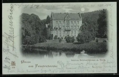 Mondschein-AK Friedrichroda, Schloss Reinhardsbrunn mit Teich
