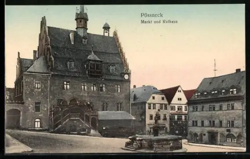 AK Pössneck, Markt mit Rathaus und Brunnen