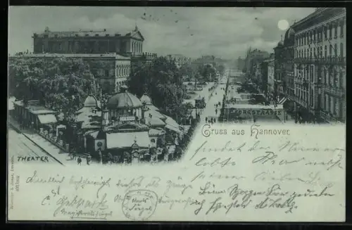 Mondschein-AK Hannover, Georgstrasse mit Cafe Kröpcke und Theater