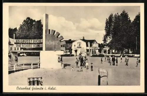 AK Grömitz i. Holst., Ostseebad, Lesehalle mit Zigarrengeschäft