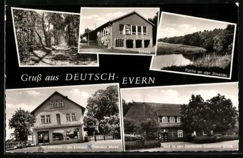 AK Deutsch-Evern /Lüneburg, Waldweg zur Ilmenau, Schule, Gasthaus Böhlk, Geschäft Theodor Mues