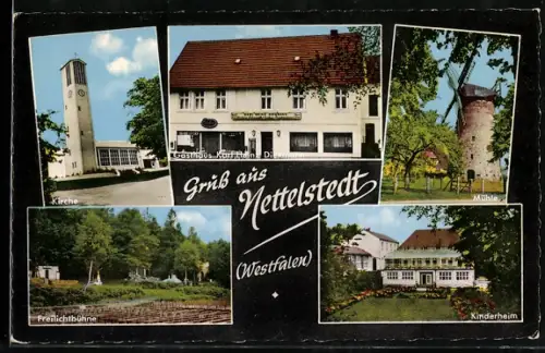 AK Nettelstedt /Westfalen, Kirche, Gasthaus Diekmann, Mühle, Freilichtbühne, Kinderheim