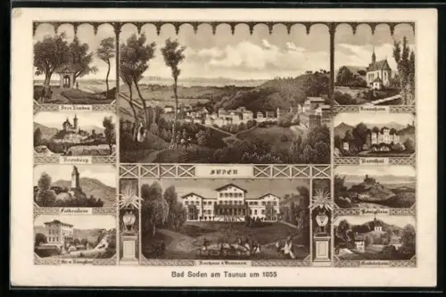 AK Bad Soden am Taunus, Kurhaus, Warmbrunnen, Ortsansichten um 1855