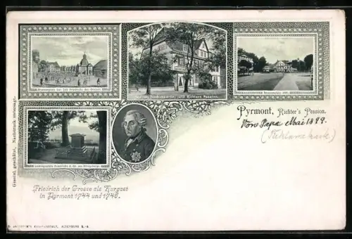 AK Pyrmont, Richter`s Pension, Kurhaus, Friedrich der Grosse als Kurgast