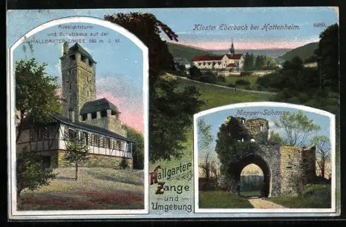 Lithographie Hattenheim, Aussichtsturm Hallgarter Zange, Kloster Eberbach, Mapper-Schanze