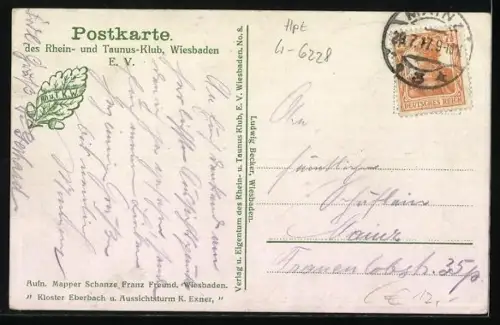 Lithographie Hattenheim, Aussichtsturm Hallgarter Zange, Kloster Eberbach, Mapper-Schanze