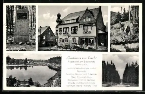 AK Argenthal am Soonwald, Gasthaus zur Linde, Gedenkmal Simmerkopf, Waldsee