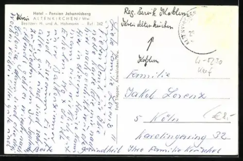 AK Altenkirchen /Ww., Hotel-Pension Johannisberg, Besitzer H. und A. Hohmann, Gastraum, Terrasse
