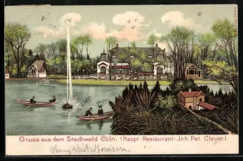 Lithographie Köln-Lindenthal, Stadtwald, Haupt-Restaurant, Inh. Pet. Clever, See mit Booten und Fontäne