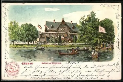 Lithographie Bremen, Meierei im Bürgerpark, Bootsfahrt