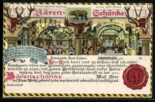 Lithographie Dresden, Bärenschenke mit Geweihsammlung und Festsaal