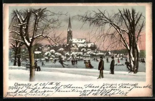 AK Chemnitz, Schlossteich und Schlosskirche im Winter