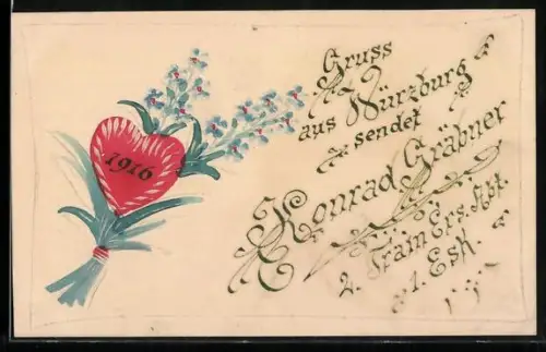 AK Würzburg, Herz mit Jahreszahl 1916, Blumendekor, Papierkunst
