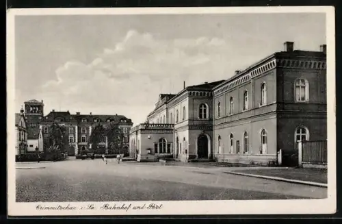 AK Crimmitschau i. Sa., Bahnhof und Post
