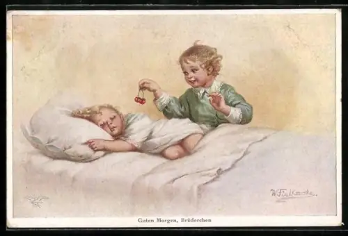 Künstler-AK Wally Fialkowska: Guten Morgen Brüderchen
