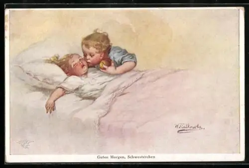Künstler-AK Wally Fialkowska: Kleiner Junge weckt sein Schwesterchen