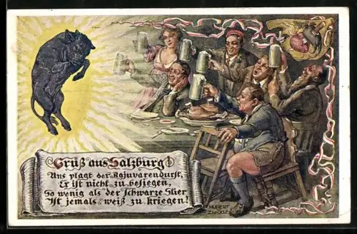 Künstler-AK Hubert von Zwickle: Salzburg, Männer u. Frauen stossen mit Bierkrügen an, Stier im Sonnenschein