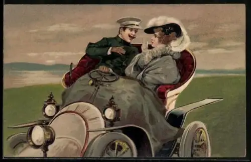 Lithographie Mann erklärt der Dame die Einzelheiten seines Autos