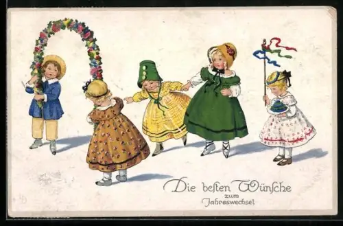 Künstler-AK Lia Döring: Kinder in Kleidern gehen durch einen Blumenbogen
