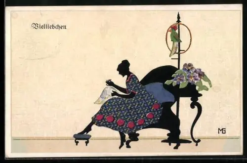 Künstler-AK Marte Graf: Vielliebchen, Frau beim Sticken