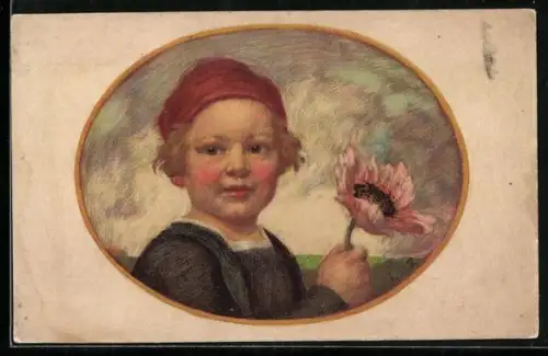 Künstler-AK Ludwig von Zumbusch: Blumentag 1913, Bub mit Blume